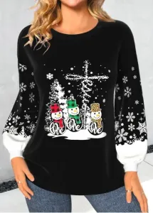 Modlily Christmas Black Snowman Print Long Sleeve Round Neck Sweatshirt - XXL
