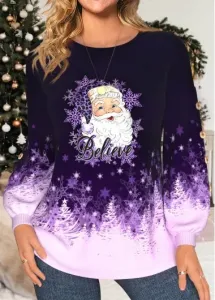 Modlily Christmas Purple Button Santa Claus Print Long Sleeve Sweatshirt - L
