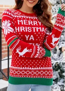 Modlily Christmas Red Letter Print Long Sleeve Round Neck Sweater - L