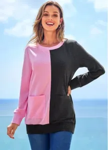 Modlily Contrast Pocket Round Neck Long Sleeve Sweatshirt - XL