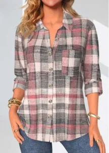 Modlily Coral Button Plaid Long Sleeve Shirt Collar Blouse - S