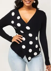 Modlily Cross Front Polka Dot Long Sleeve Sweater - S