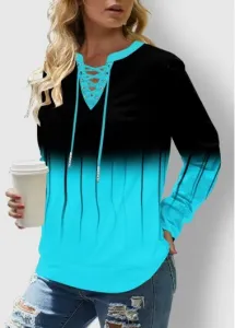 Modlily Cyan&Black Ombre Split Neck Lace Up Detail Long Sleeve Sweatshirt - L