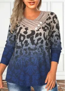 Modlily Dark Blue Asymmetry Plus Size Leopard T Shirt - 3X