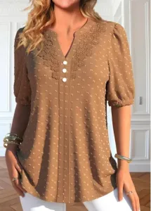 Modlily Dark Camel Lace Short Sleeve Split Neck Blouse - XL