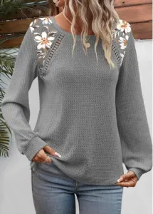 Modlily Dark Grey Patchwork Floral Print Long Sleeve Sweatshirt - S