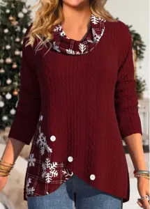 Modlily Christmas Deep Red Button Snowflake Print Long Sleeve Sweatshirt - M