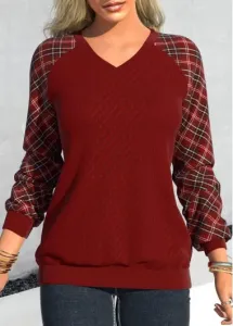 Modlily Deep Red Patchwork Plaid Long Sleeve Sweatshirt - L