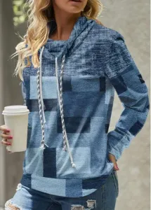 Modlily Denim Blue Patchwork Geometric Print Long Sleeve Sweatshirt - XXL