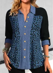 Modlily Denim Blue Patchwork Leopard Long Sleeve Blouse - L