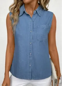 Modlily Denim Blue Pocket Sleeveless Shirt Collar Tank Top - M