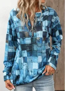 Modlily Denim Blue Zipper Geometric Print Long Sleeve Sweatshirt - L