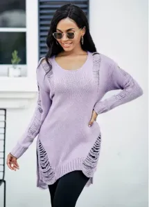 Modlily Draped Fringe Long Sleeve Asymmetric Hem Sweater - XS