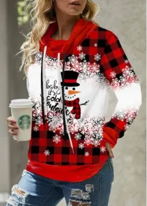 Modlily Drawstring Christmas Snowman With Plaid Print Hoodie For Women Red Long Sleeve Sweatshirt - S