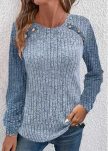 Modlily Dusty Blue Patchwork Long Sleeve Round Neck Sweatshirt - L #1187398