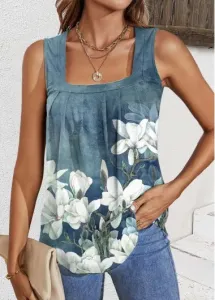 Modlily Dusty Blue Pleated Floral Print Sleeveless Tank Top - L