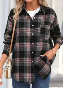 Modlily Dusty Pink Button Plaid Long Sleeve Shirt Collar Blouse - M