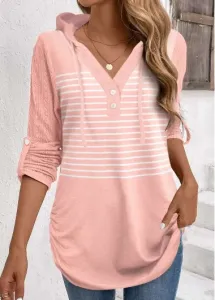 Modlily Dusty Pink Button Striped Long Sleeve Hoodie - L