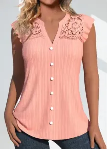 Modlily Dusty Pink Lace Short Sleeve Split Neck Blouse - XL