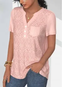Modlily Dusty Pink Lace Short Sleeve Split Neck Shirt - L