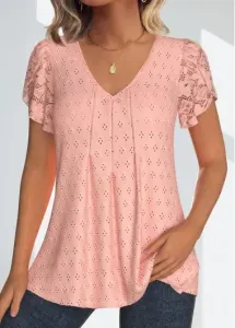 Modlily Dusty Pink Lace Short Sleeve V Neck Blouse - XXL