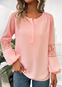 Modlily Dusty Pink Patchwork Long Sleeve Round Neck Blouse - L