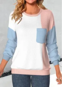 Modlily Dusty Pink Patchwork Long Sleeve Round Neck Sweatshirt - L
