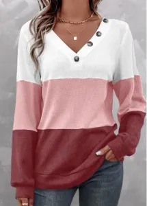 Modlily Dusty Pink Patchwork Long Sleeve V Neck Sweatshirt - L
