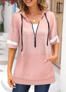 Modlily Dusty Pink Pocket Striped Half Sleeve Hoodie - XL