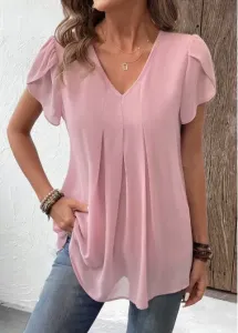Modlily Dusty Pink Ruched Short Sleeve V Neck Blouse - S
