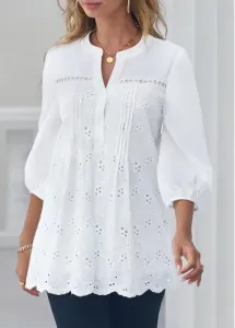 Modlily Women Elegant White Blouse Embroidered Hollow Out Split Neck White Blouse - M