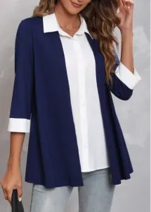 Modlily Faux Two Piece Navy Blue Turndown Collar Blouse - S
