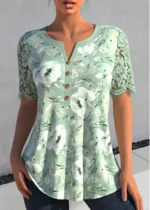 Modlily Sage Green Lace Floral Print Short Sleeve Blouse - XL