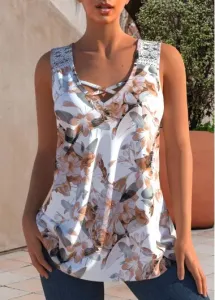 Modlily Floral Print White Lace Stitching Tank Top - S