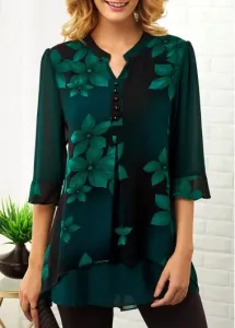 Modlily Forest Green Three Quarter Sleeve Tunic Top Floral Print Blouse - M