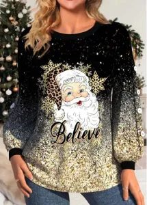 Modlily Golden Button Santa Claus Print Long Sleeve Christmas Sweatshirt - M