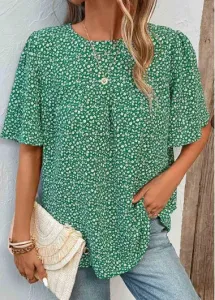 Modlily Green Button Ditsy Floral Print Short Sleeve Blouse - S
