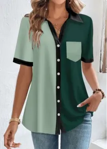 Modlily Green Button Short Sleeve Shirt Collar Blouse - S