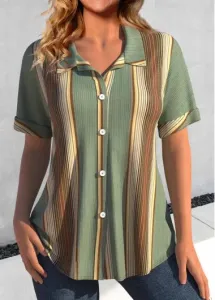 Modlily Green Button Striped Short Sleeve Shirt Collar Blouse - L