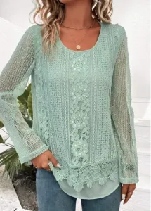 Modlily Green Lace Long Sleeve Round Neck Blouse - S