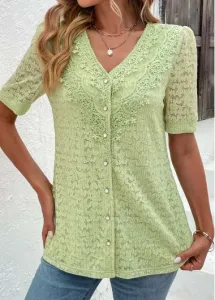 Modlily Green Lace Short Sleeve V Neck Blouse - S