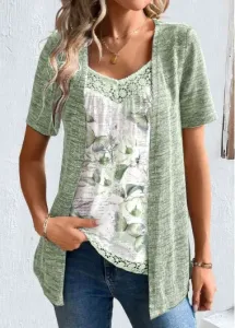 Modlily Green Patchwork Floral Print Short Sleeve V Neck Shirt - L