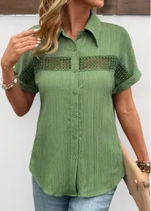 Modlily Green Patchwork Short Sleeve Shirt Collar Blouse - S