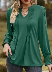 Modlily Green Tuck Stitch Long Sleeve Split Neck Blouse - L