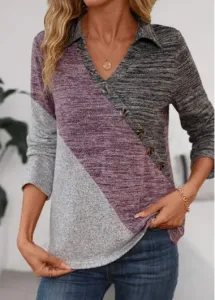 Modlily Grey Asymmetry Long Sleeve Shirt Collar Blouse - L