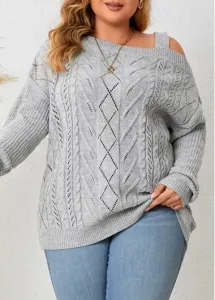 Modlily Grey Asymmetry Plus Size Long Sleeve Asymmetrical Neck Sweater - XL