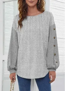 Modlily Grey Button Long Sleeve Round Neck Sweatshirt - S