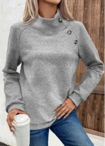 Modlily Grey Button Long Sleeve Turtleneck Sweatshirt - S