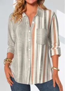 Modlily Grey Button Striped Long Sleeve Shirt Collar Blouse - L
