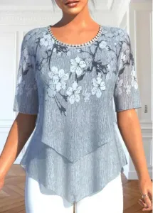Modlily Grey Layered Floral Print Half Sleeve Blouse - S